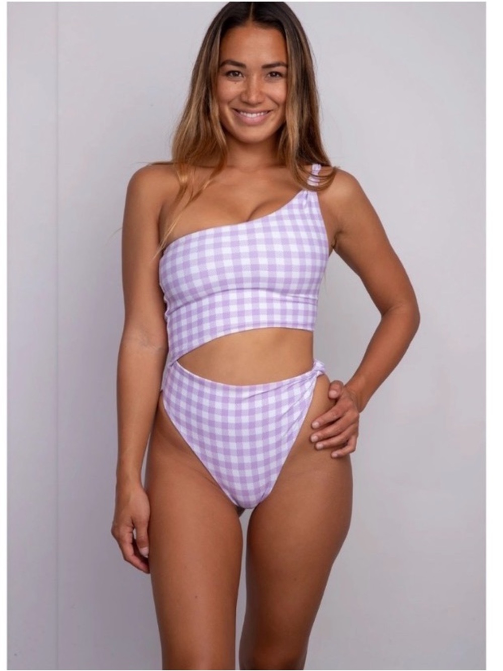 Skatie Nicole Encinitas Lavender White One Piece Shoulder Gingham Cutout Bikini